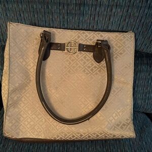 Beige Patterned Tote Bag with Dark Brown Handles